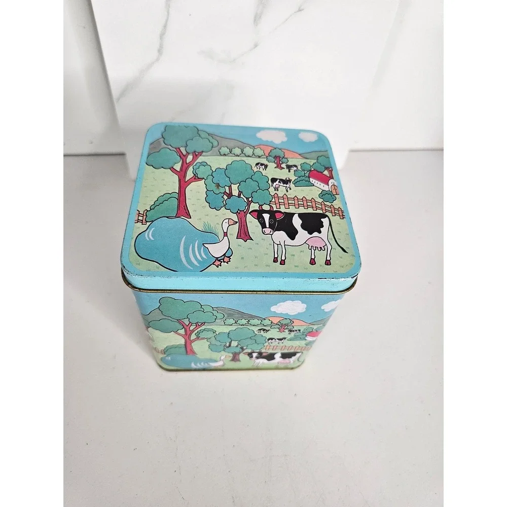 Vintage Farm Scene Metal Tin Cow Goose Pastoral Landscape Square Storage Can